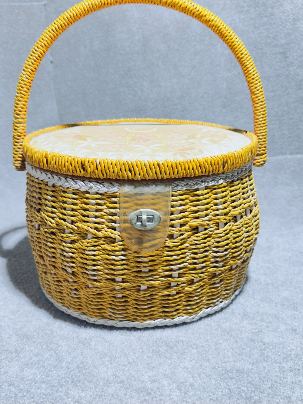Vintage Wicker Sewing Basket Japan Craft Storage Yellow Retro Boho Cottagecore
